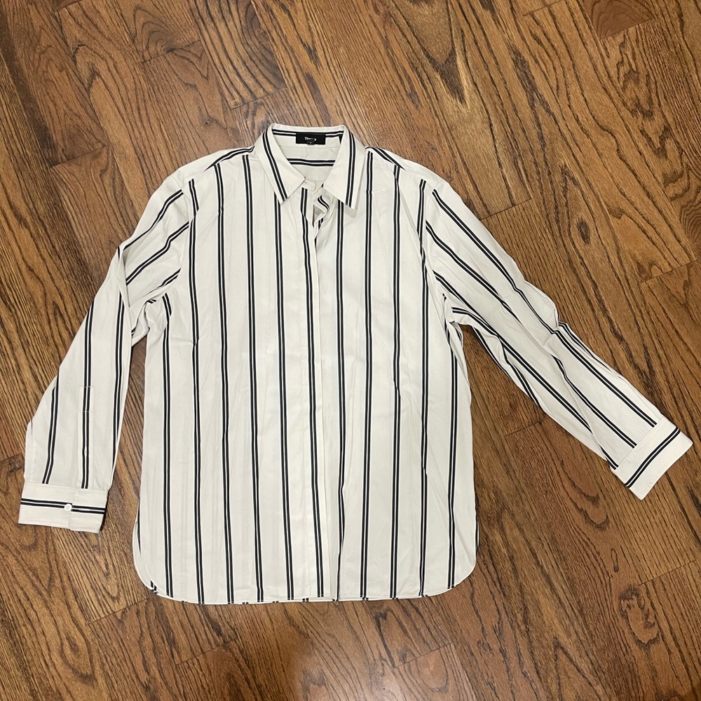Theory White and Navy Striped Women’s Shirt